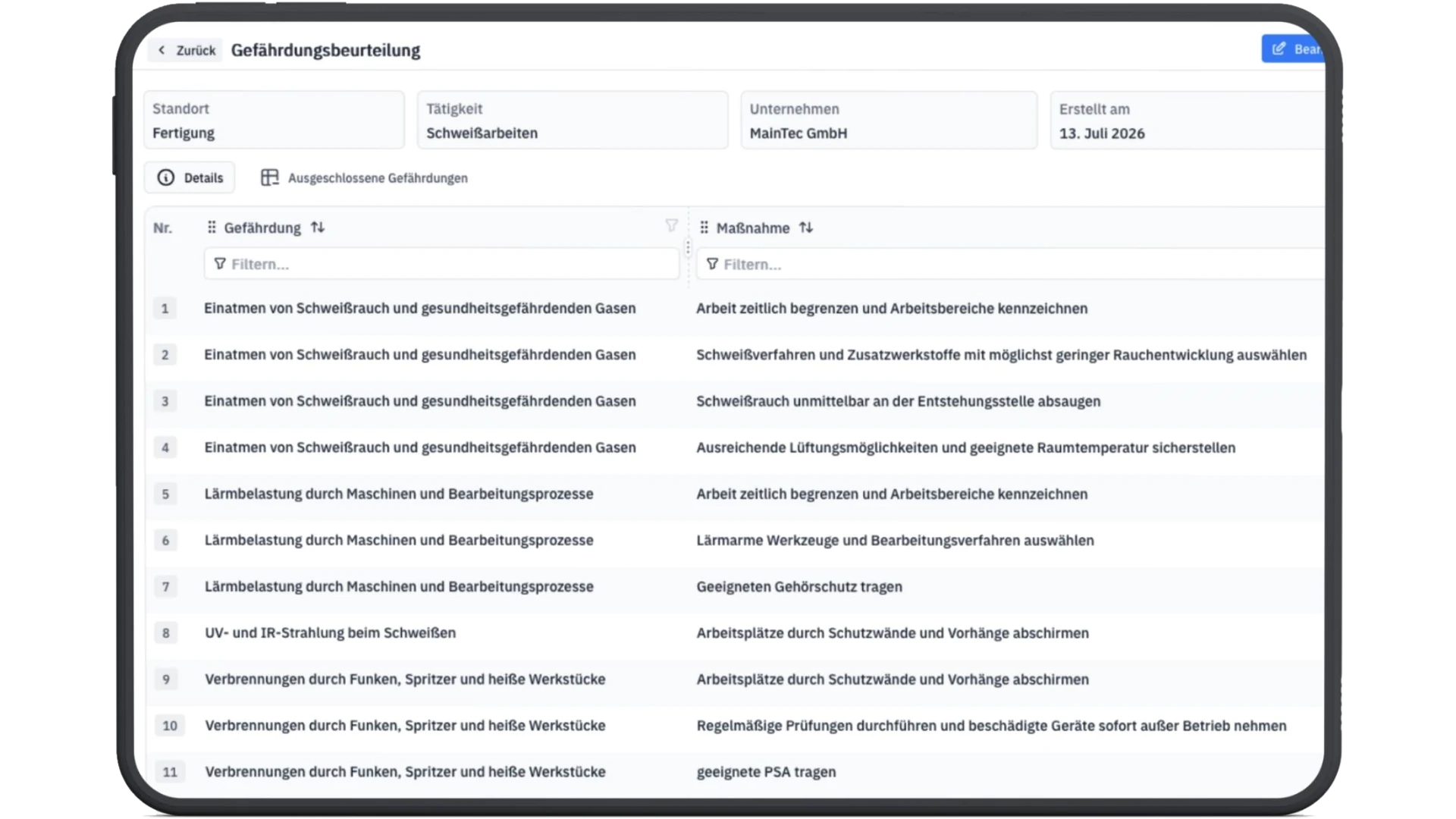Gefährdungsbeurteilung in tagIDeasy auf dem Tablet