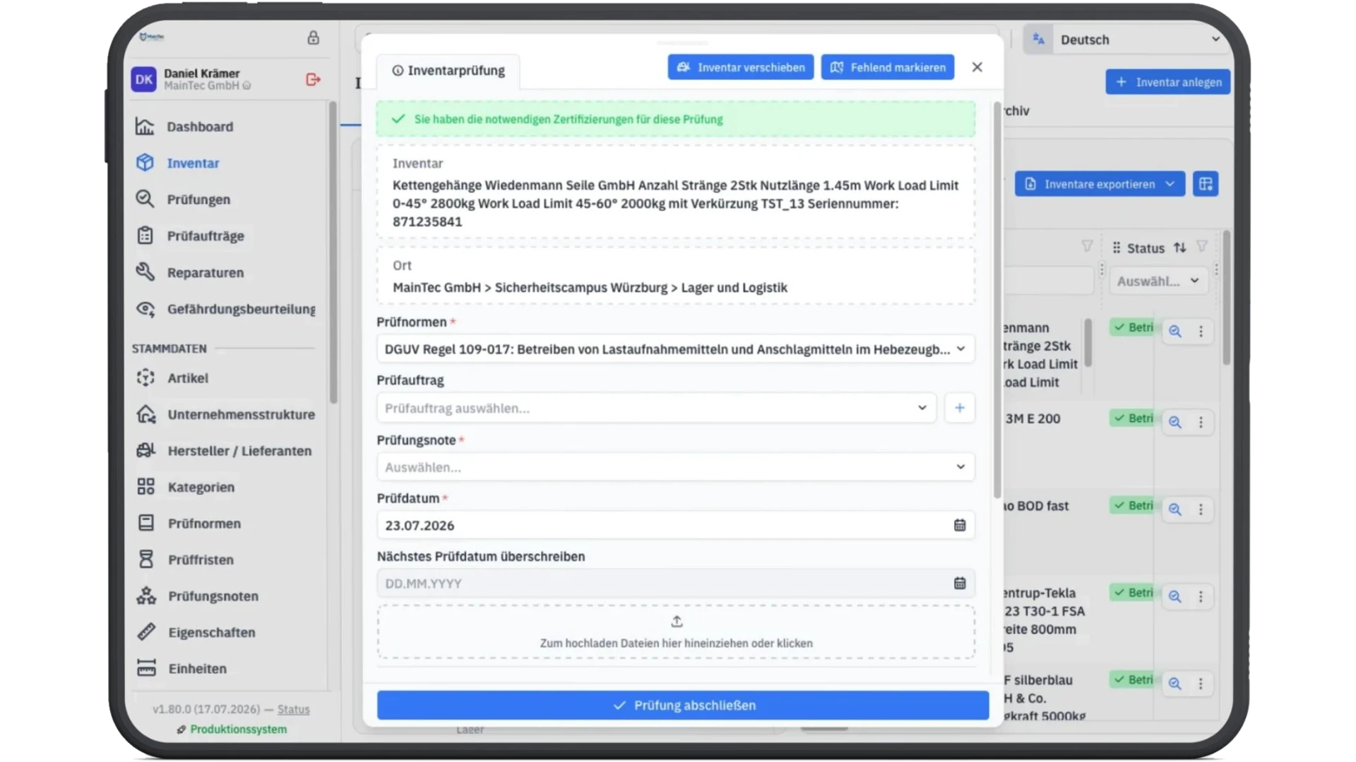 UVV-Prüfungen in tagIDeasy auf dem Tablet